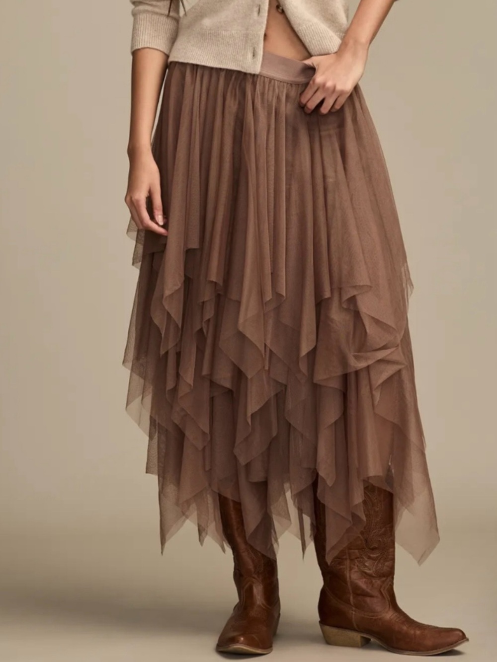 Lucky Brand Tiered Ruffle Tulle Midi Skirt Brown Size Medium New